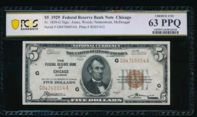 AC 1929 $5 FRBN Chicago PCGS 63 PPQ Fr 1850-G - Image 1 of 2
