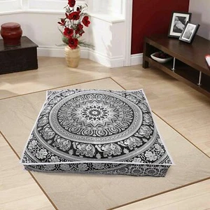 Indian Hippie Elephant Mandala Floor Pillow Cover Square Ottoman Pouf - Picture 1 of 5