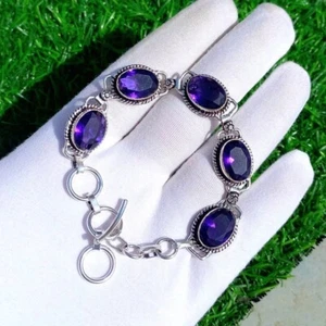 Brazalete de cadena de joyería hecha a mano con piedras preciosas de amatista púrpura de plata de ley 925 - Imagen 1 de 3