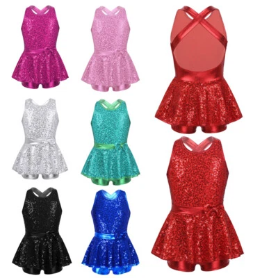 Freebily Kids Girls Shiny Sequins Dance Dress Gymnastic Leotard Dancewear Party - Image 1 of 4