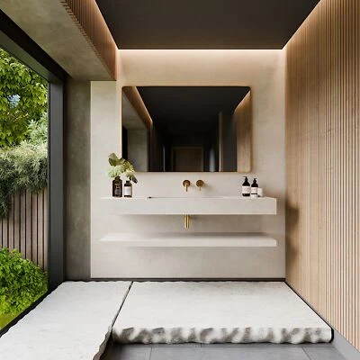 Einzel Waschbecken Waschtisch Betonoptik Weiß mit Ablage - Handgefertigt - Bild 1 von 2