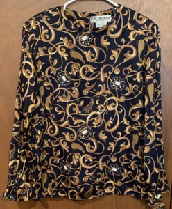 1980’s Abstract Shirt 12 Petite Black Gold Vintage JH Collectibles Union Label - Bild 1 von 6