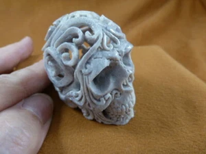 (Skull-w32) large ornate human Skull figurine Bali moose antler carving cranium - Picture 1 of 6