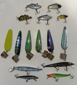 Lot 15 Salmon Spoons, Lipless Crank Baits, Rattle, Jerk Baits, Body Baits, Used - Picture 1 of 16