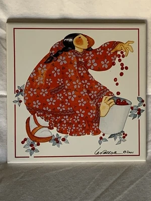 Barbara Lavallee 2001 Frau sammelt Beeren Alaskan Native Art Fliesenuntersetzer - Bild 1 von 2