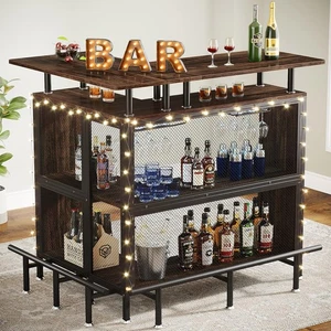 Unidad de bar para el hogar, mesa de bar en forma de L de 2 niveles con estantes para vajilla para cocina/pub - Imagen 1 de 8