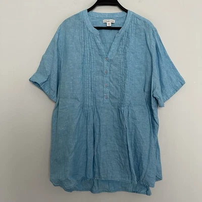 Top Coldwater Creek para mujer Plus 2X azul 100 % lino túnica pintuck manga corta Foto 1 de 4