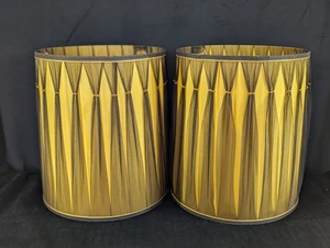 Pair VTG MCM Pinch Pleat Drum Lamp Shade Hollywood Regency 17" Black Gold Rare! - Picture 1 of 24