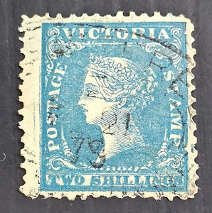 1868 Victoria Australia 2/- Blue/Green woodblack stamp WMK 2 P13 Used Cat £7.50. - Picture 1 of 2