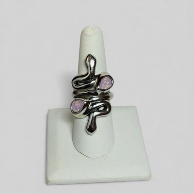 Uno De 50 Silver Tone Modernist 2 Pink Stone Ring Sz 8.25 - Image 1 of 4