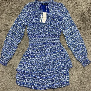 ZARA Midi Shirt Kleid Damen XS blau weiß grün Muster sexy vorne offen L/S - Bild 1 von 24
