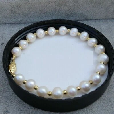 Genuino AAA+ 9-10mm Redondo Blanco Akoya Perla Pulsera 7.5-8" Cierre Oro 14k Foto 1 de 3