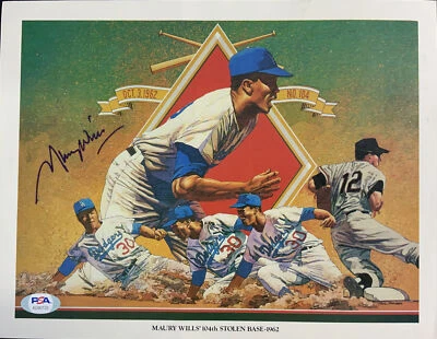 DODGERS MAURY WILLS 104TH STOLEN BASE-1962 SIGNED UNOCAL PICTURE PSA AG90133 - Image 1 of 2