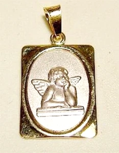 New 14k Gold 2 tone Square Guardian Angel Pendant - Picture 1 of 2