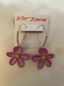 Betsey Johnson Gold Tone Pink & Yellow Flower Drop Earrings Crystal Accents NWT - Picture 1 of 11