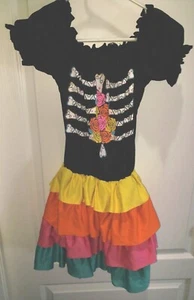 DAY OF THE DEAD GIRLS HALLOWEEN COSTUME LARGE 12/14 DRESS SLEEVELETS TIGHTS EARR - Picture 1 of 3