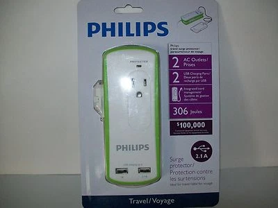 Travel surge protector Phillips with 2 USB Charging Ports 1A and 2.1 A  New - Image 1 of 2