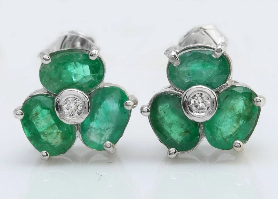 3.85 Karat Natürlicher Smaragd und Diamant IN 14K Massiv Weißgold Ohrstecker o25 - Bild 1 von 4