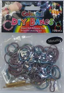 DIY 100 Silicone Loom Bands with Clips and Loom Tool - Assorted Colors Metallic - Picture 1 of 1
