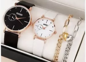 Nuevos 4 relojes de cuero blanco/negro de moda para hombre y mujer/2 pulseras nuevos - Imagen 1 de 6