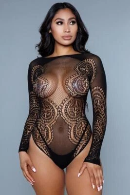 NEW sexy BE WICKED long SLEEVE high NECK cheeky LACE mesh FISHNET BODYSUIT teddy - Image 1 of 3