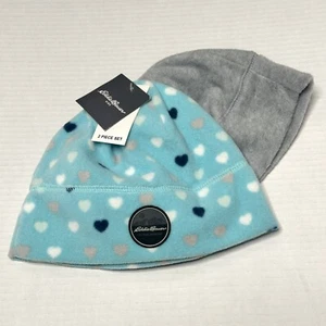 Eddie Bauer Quest Fleece Beanie Kids M/L Teal w/ Hearts Gray 2 Pack - Picture 1 of 8