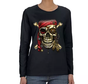 Mujer Pirata Bandana Calavera Cruces Espada Jolly Roger Mangas Largas Camiseta - Imagen 1 de 4