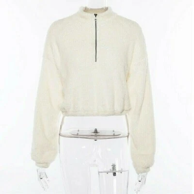 Women Polar Fleece Crop Tops Shirts Funnel Neck Sweatshirt Blouse Warm Casual - Image 1 of 4