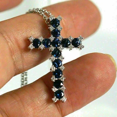 4CT Round Lab-Created Blue Sapphire Women's Cross Pendant 14k White Gold Plated - Image 1 of 4