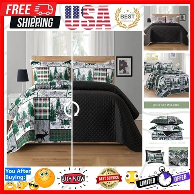 Charming 3-Piece Lodge Plaid Quilt Set - Reversible Queen Size Bedspread & Shams - Image 1 of 4