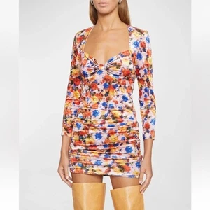 Isabel Marant Womens Velvet Floral Long Sleeve Goji Printed Ruched Mini Dress 10 - Picture 1 of 12