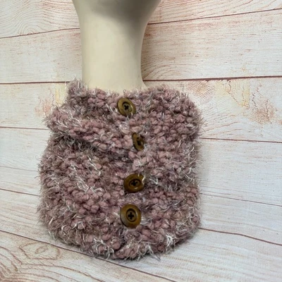Dusty Lilac Purple Button Cowl Snood Neck Warmer Soft Nubby Chunky Knit Scarf - Image 1 of 4