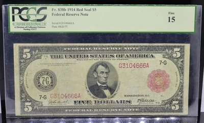 1914 $5 FRN Chicago Red Seal Fr#838b PCGS F15 - Image 1 of 2