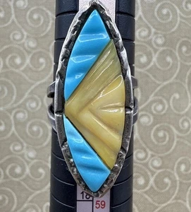 Anello Vintage Argento Sterling Navajo Madreperla Turchese Firmato AB Misura 7,25 - Foto 1 di 5
