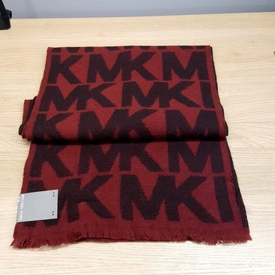 MICHAEL KORS Scarf Burgundy Giant Logo MK Monogram Frayed Hem Maroon 66x12 - Image 1 of 4