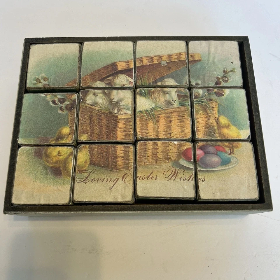 Block Puzzle ~ "A Happy Easter" ~ 12 Paper Covered Wood Blocks w/ Posters ~ Used - Image 1 of 4