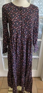 Antiguo Vestido Azul Marino Floral Volantes Midi Cottage Campesino Modesto Boho Talla XS Rayón - Imagen 1 de 5