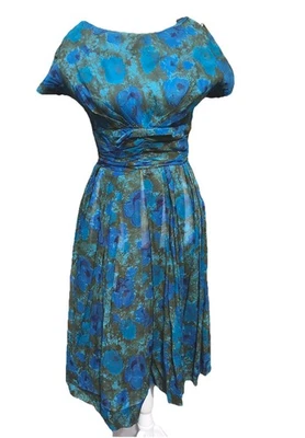 Vestido De Colección Años 40 50 Ajuste Acampanado Floral Azul Verde Manford S Cóctel Casa Mod S Foto 1 de 4