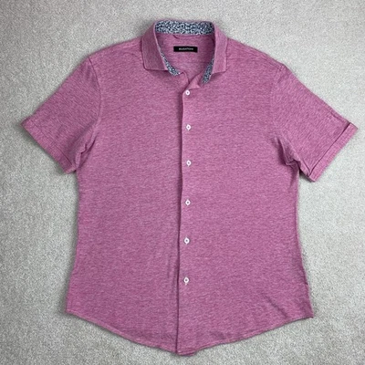 Bugatchi Linen Blend Pink Knit Short Sleeve Button Up Floral Collar - Image 1 of 4