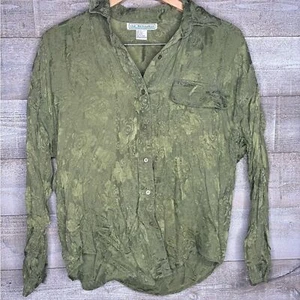Vintage 90s small 100% silk green rose printed button down shirt - Picture 1 of 4