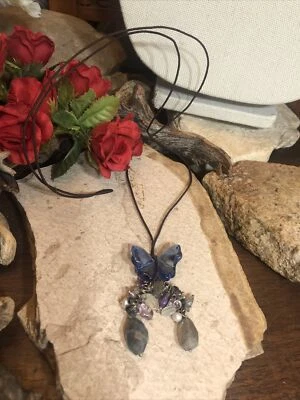 12. LALIQUE BLUE CRYSTAL MIXED GEMSTONES PAPILLON BUTTERFLY NECKLACE PENDANT - Image 1 of 4