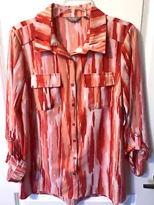 CORAL BAY BUTTON BLOUSE SIZE M SHADES OF ORANGE & WHITE ROLL TAB SLEEVE - Picture 1 of 12