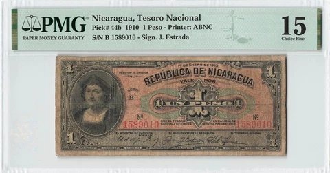 NICARAGUA 1 Peso 1910, P-44b Tesoro Nacional, PMG 15 Fine, Rare Type Note Cover