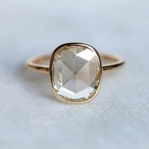 2 Ct Bezel Set Cushion Rose Cut White Solitaire Moissanite Ring Yellow Gold Over - Picture 1 of 6