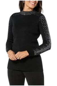 Nina Leonard Mock Neck Long Sleeve Sweater Size Small Stud Detail Black Knitwear - Picture 1 of 6