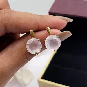 Rose Quartz Round Dainty Dangle-Drop Stud Earring Birthstone Earrings Gift her - Picture 1 of 10