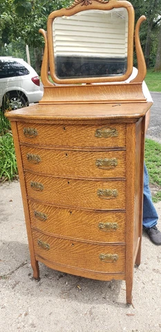 Antique 5 Drawer Oak Chest With Beveled Mirror Cover