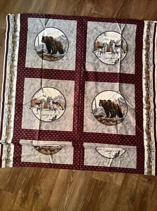 Vintage Cranston Bear and Wolf Pillow Fabric Project Panel Burgundy Winter 5yd - Picture 1 of 6