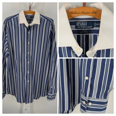 Camisa Polo Ralph Lauren Vintage Años 90 Indigo Rayas Cuello Blanco Estilo Años 30 16.5 Foto 1 de 4