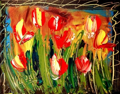 BONITOS TULIPANES Modernos Abstractos Original Pintura al Óleo IMPRESIONISTA YRTHC Foto 1 de 4